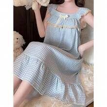 Blue And White Gingham Checkered Nightgown For Women - Square Neck With Ruffle Trim, Bow Detail, And Built-In Bra Pads, Lightweight Polyester Sleep Dress For Summer, Elegant Court Style, Lingerie Nightgown - Màu xanh lam - Xem 5