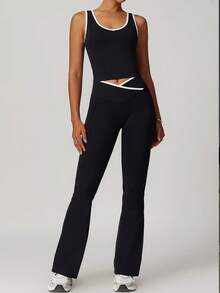 6pecil Set da yoga senza cuciture da donna, comprendente un top a canotta e leggings a vita alta con vita incrociata. Con design a blocchi di colore, è perfetto per sport all'aperto, fitness e yoga, ed è appositamente progettato per sollevare il fondoschiena e controllare l'addome.