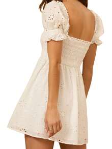 Women's Short Puff Sleeve Dress Solid Color Eyelet Shirred Bust Square Neck Mini A-Line Dress - White - View 7