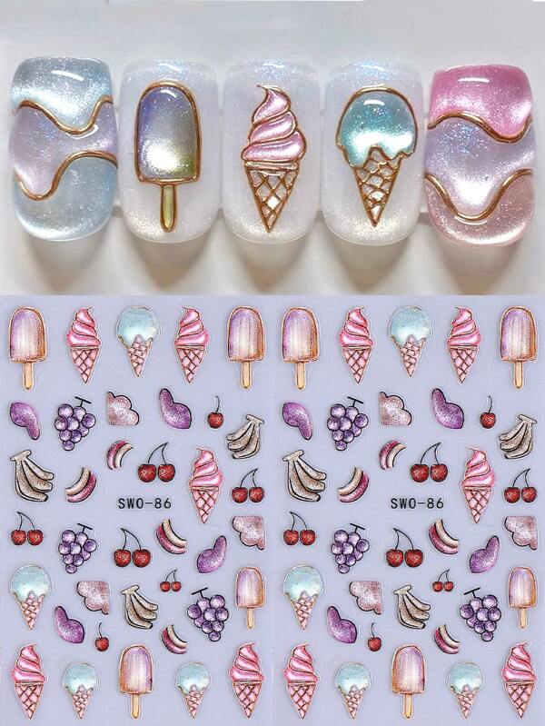 2 piezas Pegatinas de uñas de verano con diseño de helado de dibujos animados, cerezas, uvas, plátano y paleta de frutas. Decoraciones de uñas adhesivas lindas, accesorios de salón de uñas DIY