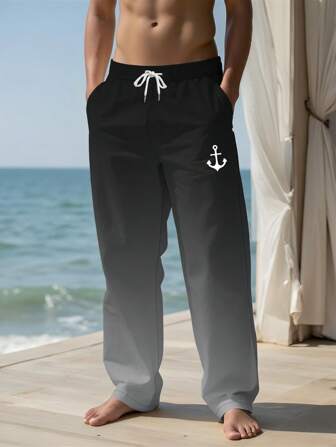 Men's Holiday Casual Outdoor Anchor Ombre Art 3D Digital Print Drawstring Relaxed Fit Pants, Suitable For Daily, Vacation, Home, Beach