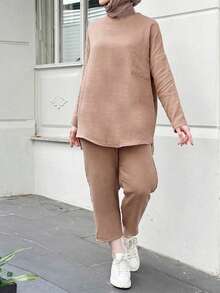 全新宽松休闲中东阿拉伯落肩纯色女式两件套 - 棕色 - 查看 4