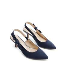 Zapatos de tacón de aguja con tira de tobillo para mujer, puntera fina, con lazo, elegantes y sexys para vestido de boda - Azul Marino - Ver 1