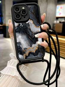 Marble Painted Simple Recessed Black Shoulder Strap Lanyard Phone Case Fit For IPhone16/IPhone15/XR/IPhone16PROMAX/7p8p/P12promax/P13promax/P14PROMAX/P13/P14/P11/P12/P14 Cute Fashionable Thick Protective Cover For XS/S/XSMAX/78GES2, A03s,A03core,A04,A12,A13,A14,A21s,A22,A23,A24,A32,A33a34,A5 A51A52,A53,A54