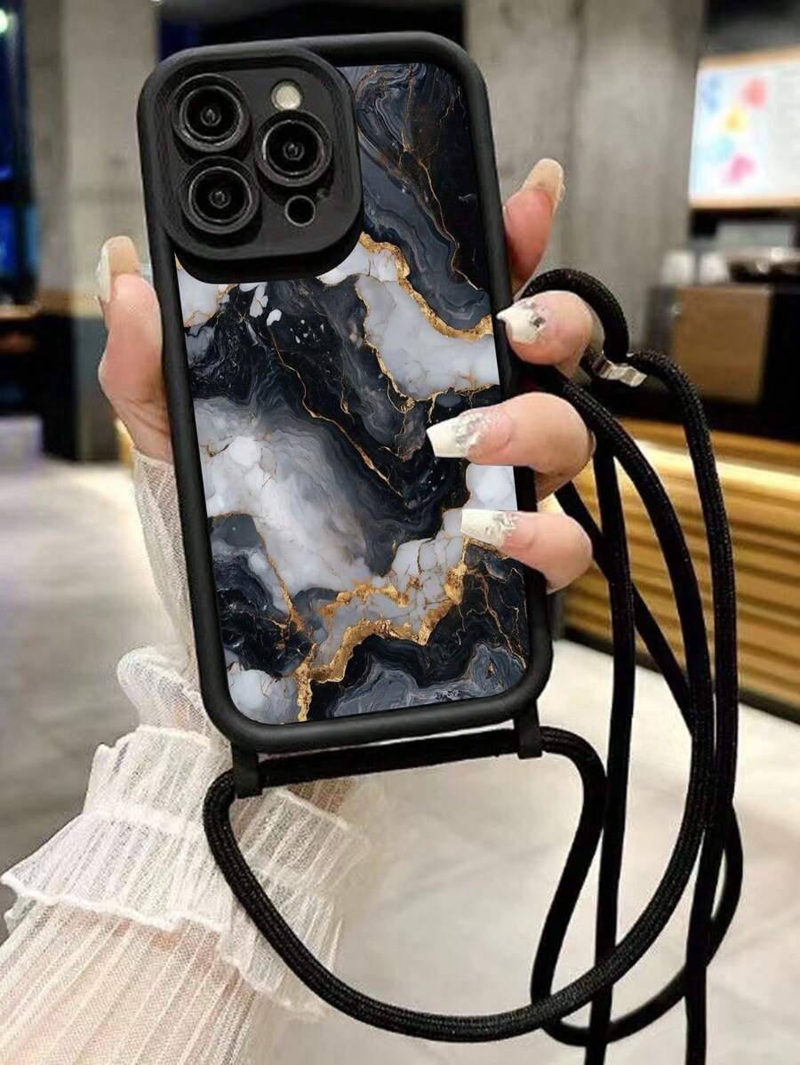 Marble Painted Simple Recessed Black Shoulder Strap Lanyard Phone Case Fit For IPhone16/IPhone15/XR/IPhone16PROMAX/7p8p/P12promax/P13promax/P14PROMAX/P13/P14/P11/P12/P14 Cute Fashionable Thick Protective Cover For XS/S/XSMAX/78GES2, A03s,A03core,A04,A12,A13,A14,A21s,A22,A23,A24,A32,A33a34,A5 A51A52,A53,A54