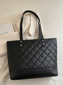 2025 New Rhombus Pattern Casual Large Capacity Bow Decor Tote Bag, Minimalist Fashion Handbag