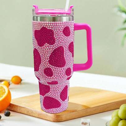 Vaso aislado de acero inoxidable de doble pared de 40 onzas con diseño de cristales brillantes, pajita, gran capacidad para camping al aire libre, vaso portátil para el coche, bebidas de verano e invierno, regalos de Navidad