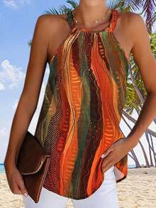 Spring/Summer Fashionable Floral Print Sleeveless Dress, Lightweight & Elegant, Versatile For Casual, Vacation, Work, Wedding, Party, Beach, Sleepwear - Orange - View 2