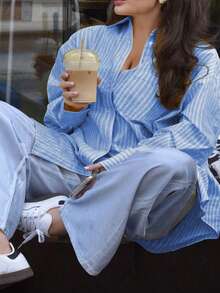 PoPoHouse Women's Plus-Size Shirt Spring Summer Casual Office Commuting Striped Solid Color Front Buckle Long-Sleeved Plus-Size Shirt - Denim Blue - View 4