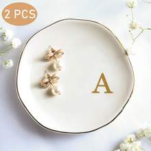 2 PCS Letters Pattern Ceramic Jewelry Tray, Asymmetrical Round Jewelry Storage Dish, Ring, Necklace, Earrings Collection Storage And Display, Wedding Souvenirs Gift For Wedding Souvenirs Day Mother's Day For Women Storage Organizer Travel Essentials Gift - Multicolor - View 15
