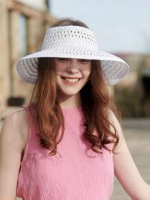 1pc Women's Perforated Breathable Solid Color Sun Hat, Large Brim Design For Face Slimming, Foldable Sun Protection Hat, Essential For Summer Outings