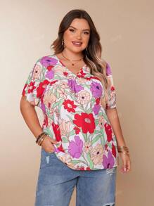 V-Neck Floral Print Casual Festival Vacation Short Sleeve Ruffle Hem Pullover Blouse, Plus Size Women
