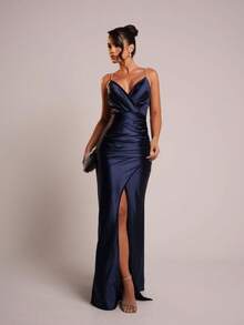 PARTY DRESS WITH SLIT IN THE LEG, MERMAID MODEL IN SATIN. Elegant Shiny Zipper Party - 水鴨藍 - 查看 2