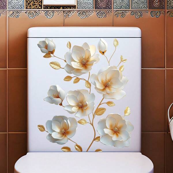1pc Golden Leaf Magnolia Flower Wall Decal, Removable PVC Material Sticker, Reusable, Elegant And Sophisticated Style, Suitable For Decorating Refrigerators, Cabinets And Other Home Appliances Or Furniture To Enhance The Home Decor