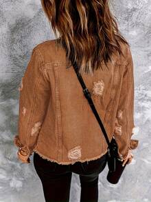 Necooer Women's Denim Jacket Old Wash Button Boyfriend Denim Jacket Jacket With Pocket - 棕色 - 查看 2