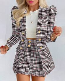 Women's Clothing Fashion Temperament Printed Princess Sleeve Short Skirt Suit Professional Wear Women's Two-Piece Suit Womenswear Gamis Comfort Basic - Dark Green - View 10