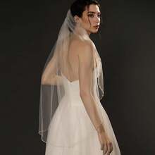 Pearl & Crystal Beaded Wedding Veil - 1 Tier Fingertip Bridal Veil With Elegant Beaded Edge, Soft Tulle - 30 inch-trắng - Xem 2