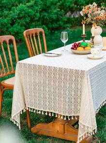 1 Pc Solid Color Four Leaf Clover Tassel Tablecloth, Rectangular Hollow Atmosphere Table Cloth, Suitable For Wedding, Holiday Gathering, Daily Home Use And Other Table Decor Textile