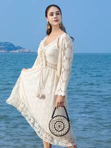 ENSPT Ein Stück braune, gefranste Beutelhandtasche, mit Kordelzug verschlossener gewebter Tasche mit Gras-Muster, Strandtasche für den Urlaub, eine runde Tasche aus kontrastierendem Ahornholz-Material mit abnehmbarer Innentasche, geeignet für Damen am Strand und im Resort, Perlenhandtasche, passend für Damen auf Strand- und Resort-Reisen