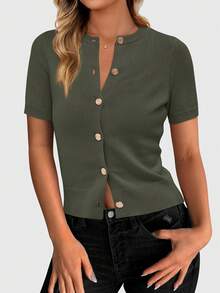 Womens Casual Summer Short Sleeve Cardigans Button Down Knitted Sweater Basic Crew Neck Crop Tops - xanh quân đội - Xem 4