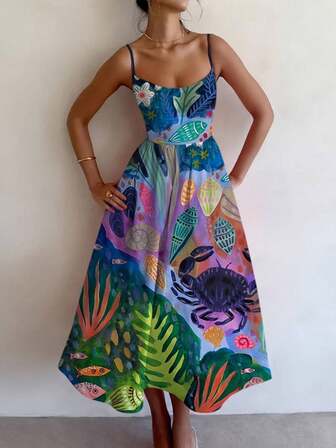 大码女式波西米亚风海藻贝壳印花吊带复古宽松连衣裙，适合春、夏、秋季度假旅行，百搭实用