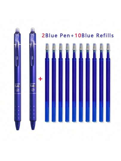 Set de 12 unidades/lote de bolígrafos de gel borrables a presión con recambios de tinta de gel negra y azul de 0,5 mm con borrador incorporado, útiles de oficina, kit de artículos de papelería para exámenes y de vuelta al cole