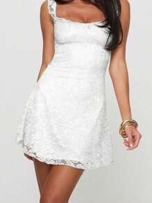 Elegant Fashion Ruffle Strap Bow Knot Lace Patchwork Sleeveless Fitted Mini Slip Dress - White - View 4
