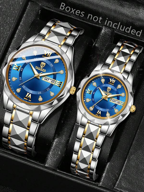 2Pcs Men's And Women's Couple Silver Strap Fashion Casual Mixed Scale With Calendar Function Dial Quartz Watch For Daily Wear Or Holiday Gift Giving