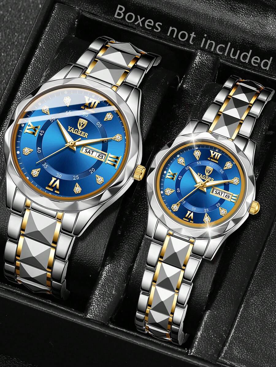 Set de 2 relojes de cuarzo casuales unisex con correa de tono plateado, esfera con escala mixta y función de calendario, adecuados para uso diario o como regalo para vacaciones - Azul - Ver 1