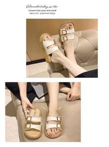 2025 Summer New Retro Thick Sole Fashion Buckle Strap Slide Sandals, Women Casual Slip-On Non-Slip Beach Sandals, Soft Sole Versatile Flat Sandals