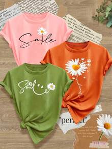 3pcs/Set Women's Christmas Sunflower & Smile Pattern T-Shirt, Casual Short Sleeve Tee, Retro French Style, Round Neck, Green, Orange, Pink