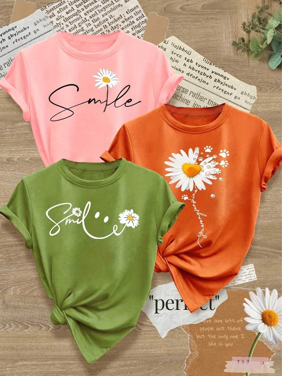 3pcs/Set Women's Christmas Sunflower & Smile Pattern T-Shirt, Casual Short Sleeve Tee, Retro French Style, Round Neck, Green, Orange, Pink