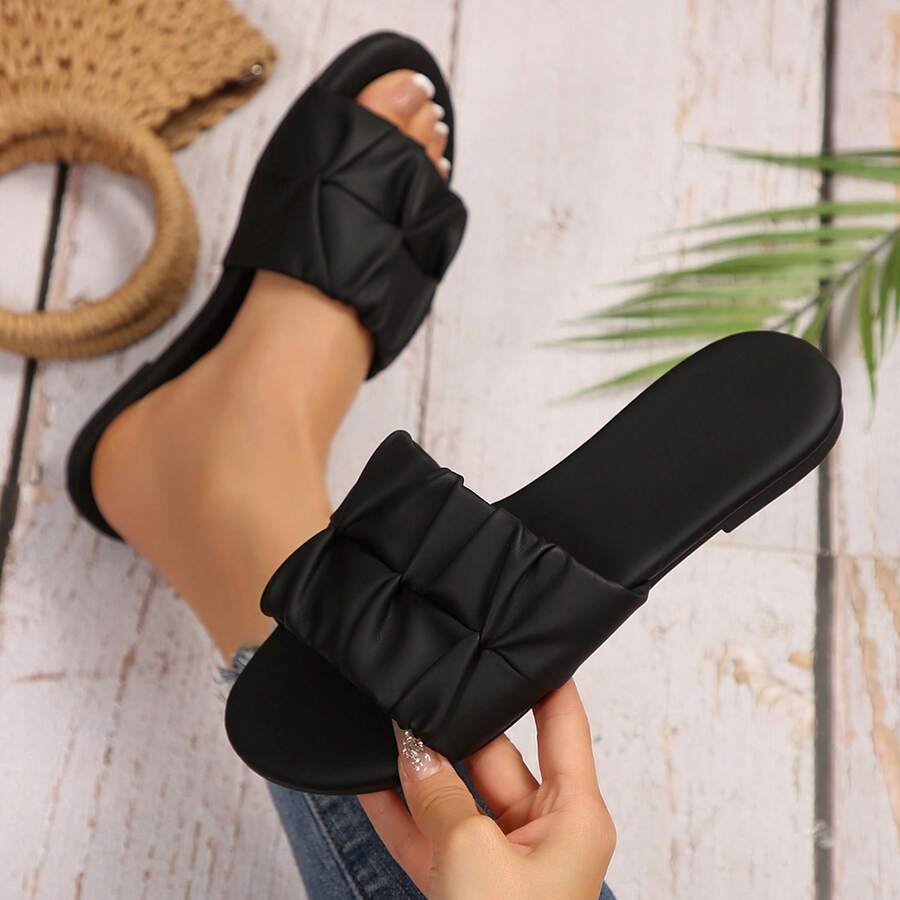 Women Sandals Square Toe Pleated Flat Summer Beach Comfortable - màu đen - Xem 1