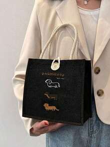 三只腊肠犬图案亚麻手提包，纽扣装饰手提包，简约大容量手提包，便携休闲收纳手提包，教师节礼品袋，教师答谢收纳袋，适合女性，日常使用，约会，生日，节日，返校，秋冬，度假，旅行，通勤，商务，学生，野餐，露营，超市，日常收纳，腊肠犬包，创意圣诞礼物创意 - 米色 - 查看 5