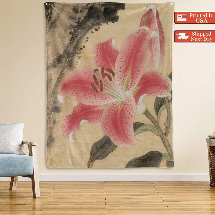 Lily Plant Tapestry Room Decoration Wall Decor Blanket Symbolizing Vitality Ultra-Soft Lightweight Silky Design For Elegant Decor Warm Flannel Blanket For Sofa Bed Travel Camping Polyester Fiber Thoughtful Gift For Family Friends Valentine's Gift Shipped From USA - 彩色 - 查看 1