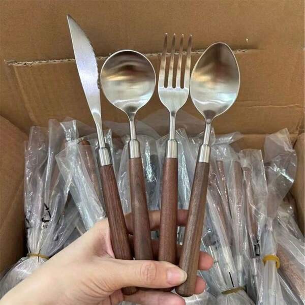 1-4pcs Stainless Steel Flatware Set, Wooden Grain Pattern Tableware For Home And Hotel, Includes Steak Knife, Fork And Dessert Spoon,School Supplies