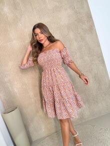 Short Lastex Dress/Short Sleeve/Off-Shoulder/Floral/Print/36-42/Women - 111-vERMELHO - View 3