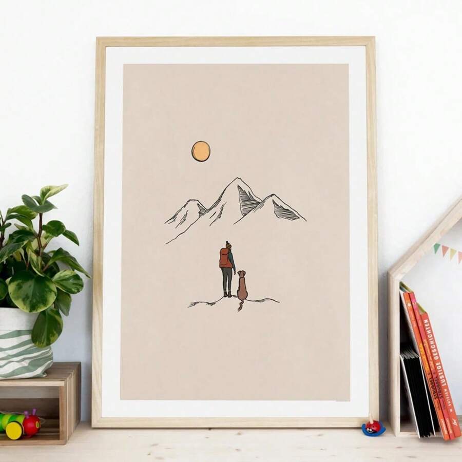 1pc Gift Travel Mountains Hiking With Dogs Art Print Landscape Cartoon Posters Canvas Painting Nordic Wall Arts Picture Kids Room Home Decor No Frame
