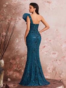 优雅正式礼服，奢华优雅鸡尾酒会礼服，定制美人鱼廓形弹力珠饰单肩礼服，适合舞会、婚礼、晚宴（华丽装饰）春季 - 水鴨藍 - 查看 7