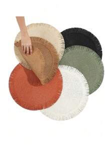 2 piezas/8 piezas Manteles individuales redondos de 15 pulgadas de fibra de papel tejida con borlas, resistentes al calor, decoración de vajilla de hotel y restaurante, decoración de mesa de comedor y sala de estar, antideslizante, adecuado para reuniones en el hogar y fiestas de boda