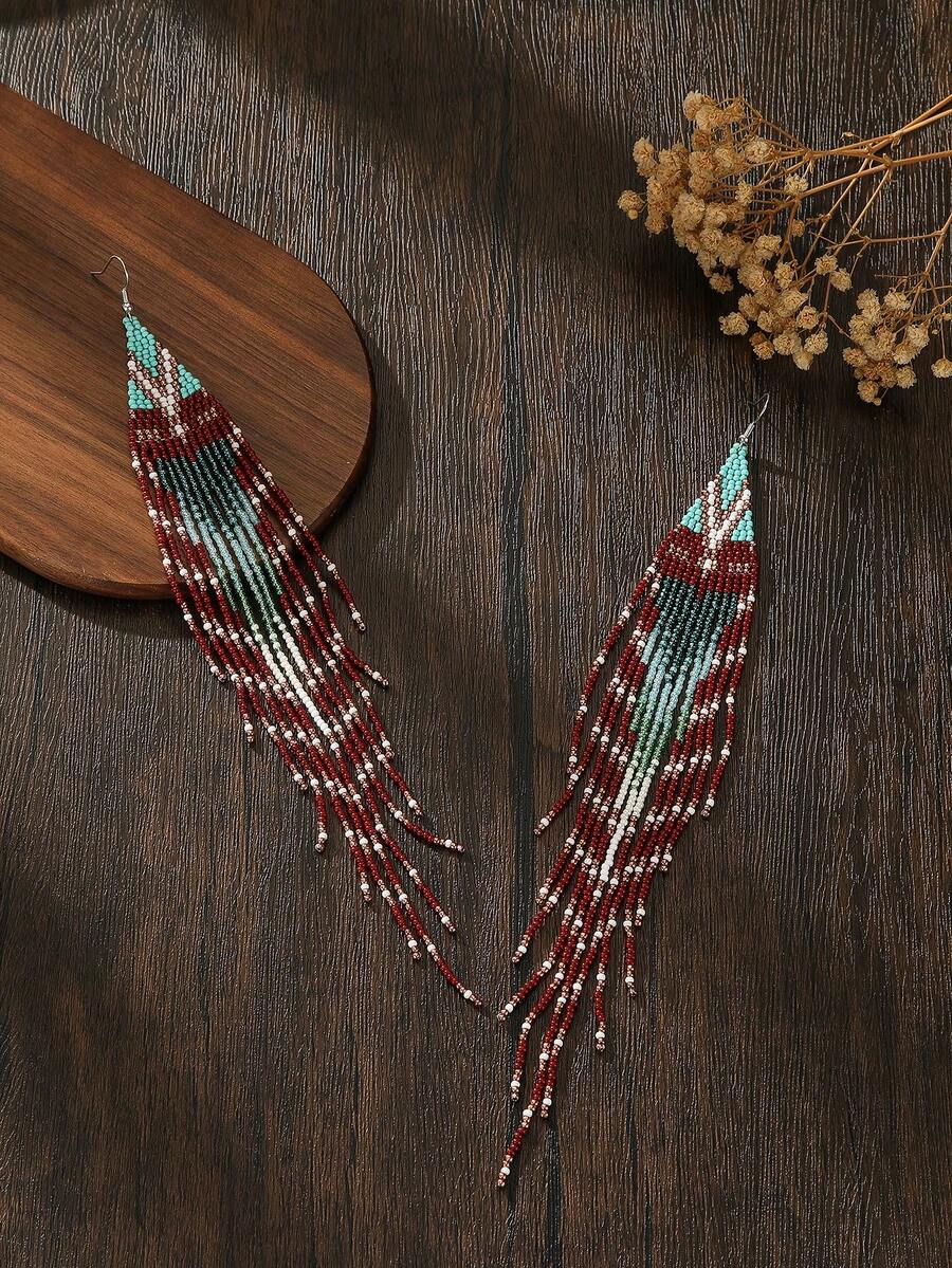 手工串珠耳环，波西米亚风格耳环，复古红绿渐变流苏耳坠，经典红绿配色，百搭日常佩戴，适合节日、母亲节、感恩节、情人节、朋友礼物，春夏新品 - 墨綠色 - 查看 1