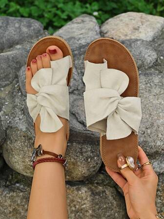 彩虹蝴蝶结装饰女士平底凉鞋，舒适按摩鞋底彩色沙滩拖鞋