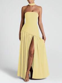 女士优雅性感纯色开衩性感派对假日度假长款黄色无肩带连衣裙