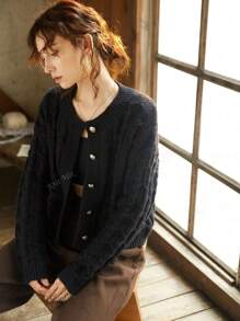 Knit Mix Women's Solid Color Simple Round Neck Knitted Cardigan For Daily Wear