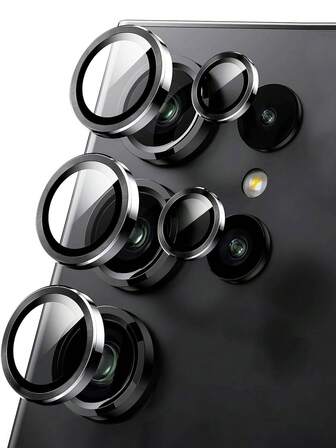 1 paquete de protector de lente de cámara compatible con Samsung S25 Ultra Edge S24 S23 FE S22 Ultra Plus FE A56 A36 A26 A16 A55 A35 A25 A15 A05 A05S A54 A34 A24 A14 A13, Vidrio templado de 9H, borde de metal de aluminio independiente, diseño de protección original, adecuado para funda de teléfono, anti-arañazos, NEGRO