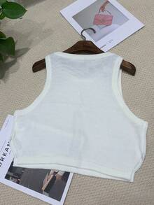 Women's Minimalist Solid Color Cropped Knit Tank Top - 白色 - 查看 6