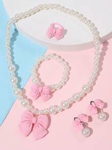 5 件/套女孩可爱珍珠蝴蝶结项链手链耳环戒指首饰套装，简约百搭 - 彩色 - 查看 7