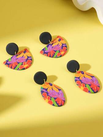 Retro Floral Colorful Soft Clay Oval Drop Earrings With Boho Geometric Print For Women, Spring/Summer