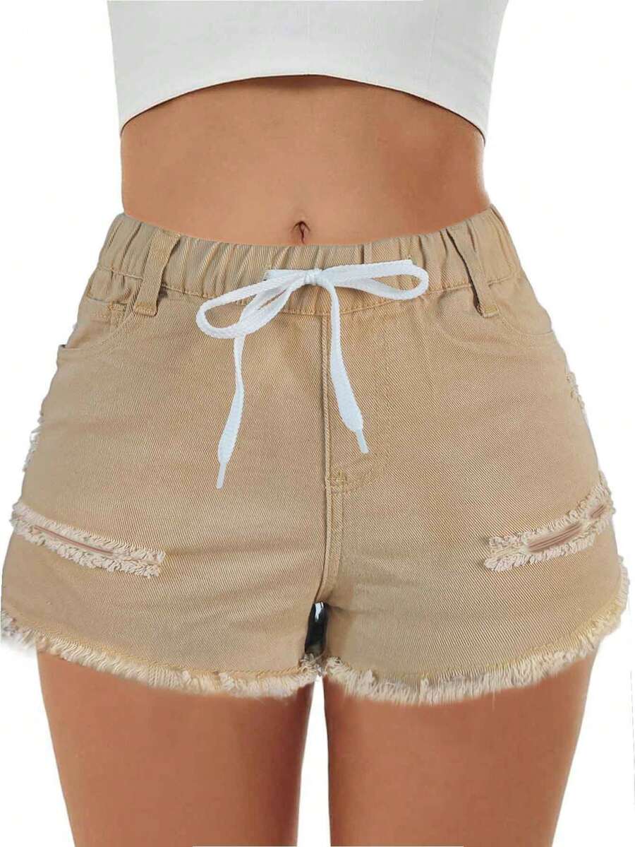 Women Elastic Drawstring Waist Distressed Denim Shorts With Pockets - Apricot - View 1