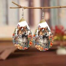 Nouvelles boucles d'oreilles en bois de créativité mode avec un motif recto-verso de tigre audacieux. Boucles d'oreilles de luxe à la mode